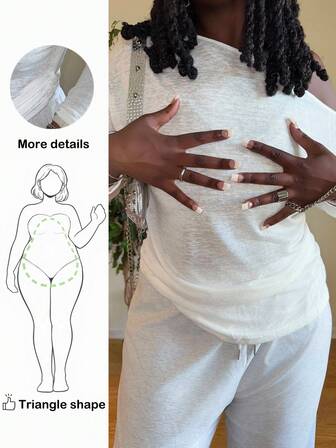 Truni Theloveshegives Plus Size Women,Western Wear Women,Casual Oblique Shoulder Semi-Sheer Long Sleeve T-Shirt, White, For Pear Triangle Body Shape