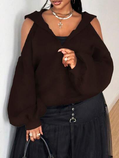 Maweii Women's Casual And Elegant Off-Shoulder Hooded Cardigan With Zip-Up, Long Sleeves, Brown – Suitable For Everyday Wear, Parties, New Year's, Christmas, Holidays, And Valentine's Day.