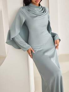 Veilorie Women's Solid Color Mandarin Collar Pleated Elegant Long Sleeve Arabian Dress Najma Dress Modest Women Modest Dress - Green - View 5