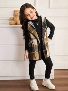 Emery Rose Kids Emery Rose Kids Bộ 3 áo khoác kẻ caro thời trang đô thị cho bé gái, áo phông dài tay, quần dài, thích hợp cho các buổi đi chơi thường ngày, tụ tập, tiệc tùng, kỳ nghỉ, mùa thu/đông - Màu Khaki - Xem 4
