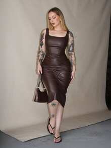 Arliah Robe en PU marron pour femme, robe de cocktail d'anniversaire, robe élégante d'hiver et d'automne pour soirée, robe de cérémonie, robe de soirée chic pour mariage, tenue de sortie - Tabac - Voir 3