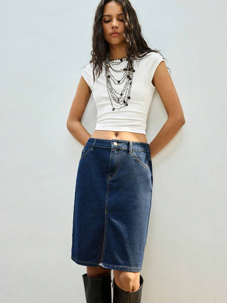 SHEIN Maija Women's Dark Blue Midi Denim Skirt, Low Waist, Elegant Skirt With Pocket, Spring ,Everyday Casual