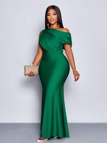 SOLERSUN 夏季女士加大码婚礼派对优雅杏色针织亮面面料不对称露肩无袖拼接收腰修身鱼尾长裙，连衣裙，优雅女士连衣裙，派对礼服，正式礼服，白色连衣裙，奢华晚礼服，婚礼宾客礼服，绿色 - 墨綠色 - 查看 4