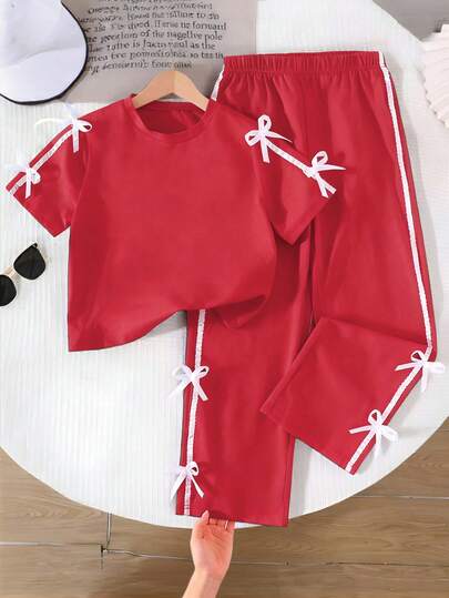 Genkimix Kids Girls Casual Everyday Round Neck Short Sleeve Cropped Black T-Shirt With 3D Bow Decor And Straight Loose Pants Summer Set