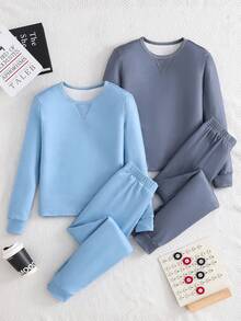 男童纯色休闲针织柔软舒适长袖T恤和打底裤睡衣套装（2件套） - 彩色 - 查看 1