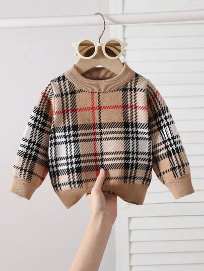 Souflis Souflis 男女宝宝圆领针织长袖毛衣，秋冬季舒适保暖，驼色撞色格纹，休闲时尚，适合日常穿着、聚会、居家、户外、旅行、上学等场合。