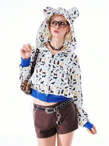 Bloopia Dog Print Hooded Long Sleeve Jacket For Women - Multicolor - View 5