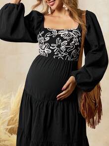 Boho Mama 孕妇花卉纹理褶皱设计灯笼袖时尚连衣裙 - 黑色 - 查看 8