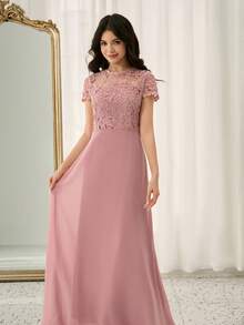 رمضان فستان شيفون مزخرف بالدانتيل الأنيق والمنسدل للمراهقات، مناسب للحفلات والأعراس والمناسبات الخاصة كعيد الميلاد والكريسماس - وردي - مشاهدة 6