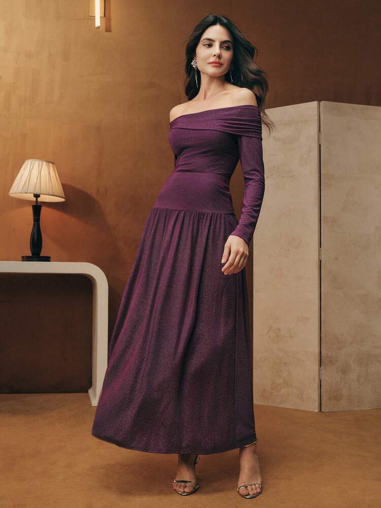 Women's Elegant Versatile Shiny Fabric Knee-Length Skirt, Lilac