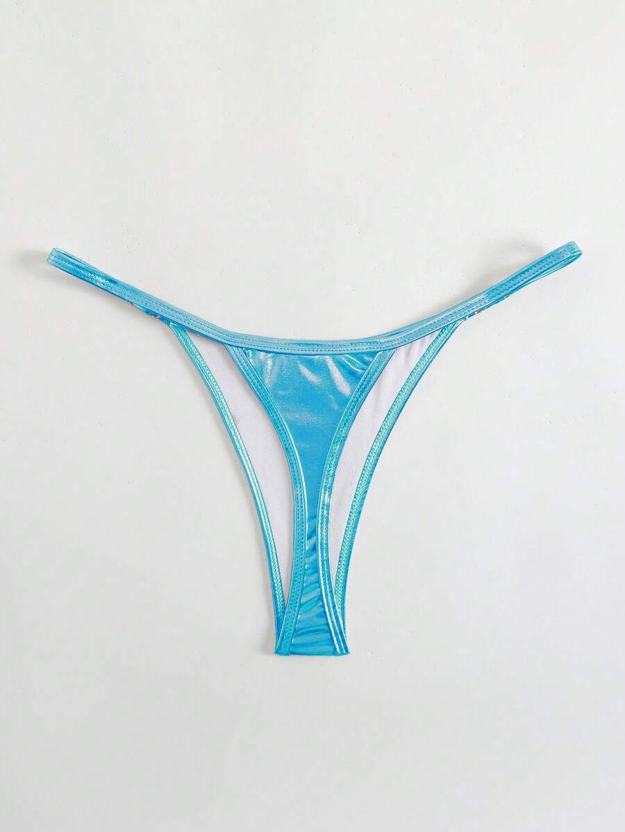 SHEIN Swim 纯色高衩性感时尚比基尼泳裤 - 藍色 - 查看 1