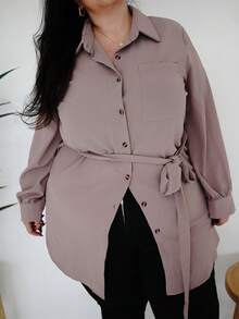 Truni Plus Size Women's Solid Color Long Sleeve Single-Breasted Casual Pocket Shirt, For Pear Triangle Body Shape - Khaki - View 3