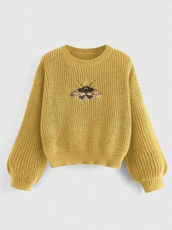 Hippie Suéter de cuello redondo casual y versátil de manga larga con bordado de animales para mujer