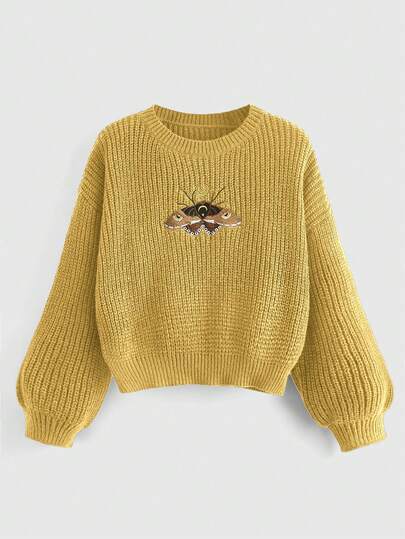 Hippie Suéter de cuello redondo casual y versátil de manga larga con bordado de animales para mujer