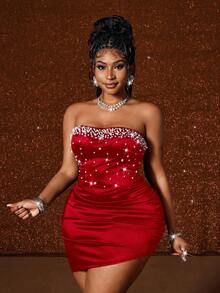 Maweii 大码女士性感无肩带褶皱珍珠镶嵌设计百搭派对紧身迷你连衣裙，新品上市 - 紅色 - 查看 6