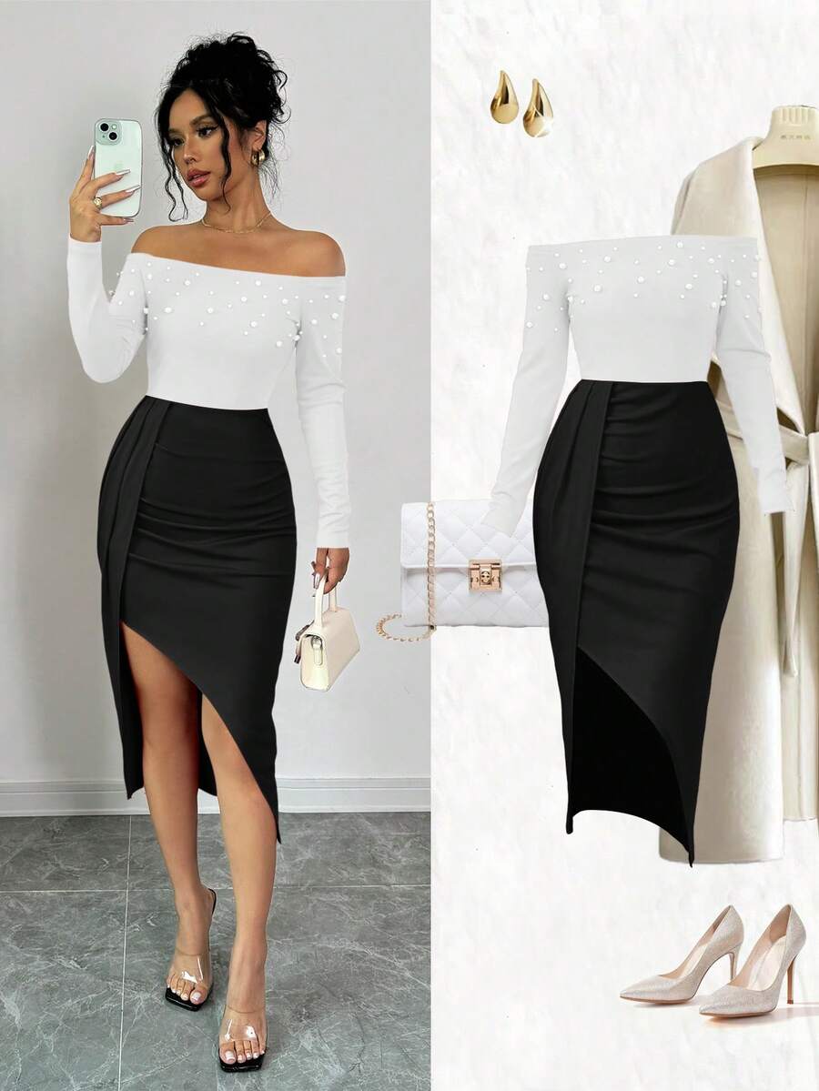 Elenzga Women's Open Shoulder Long Sleeve Ruched High Slit Pearl Design Bodycon Dress For New Year Clothes - Black and White - View 1