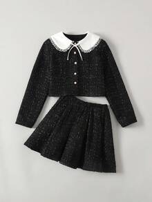 Ontre 青少年女孩提花针织黑白撞色彼得潘领开衫和百褶裙休闲两件套 - 黑與白 - 查看 6