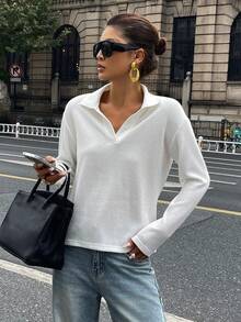 DAZY Camiseta de manga larga de punto estilo camisa informal y holgada con parches, adecuada para la oficina, el transporte y la primavera y el otoño - Blanco - Ver 3