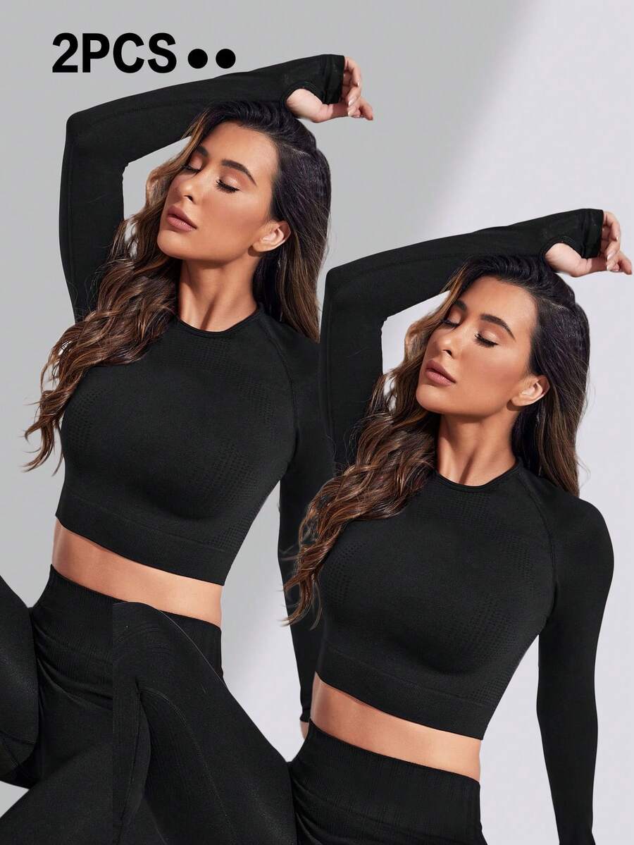 Velisys 2件套女士简约纯色拇指孔插肩长袖修身短款运动T恤黑色2件套短款上衣套装黑色女士套装黑色短款上衣女士长袖短款上衣女士黑色短款上衣 - 黑色 - 查看 1