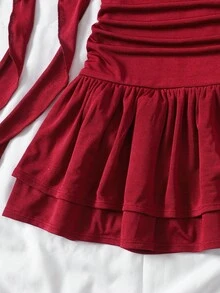 SHEIN Tween Girl Casual Elegant French Ruffle 3D Floral Decor Pleated Asymmetric Round Neck Sleeveless Fitted Short Dress, Princess Dress, New Year Party, Spring Outing, Daily Wear, Burgundy Dress For Tween Girls Mother-Daughter Matching, Tween Girls Sleeveless Dress, Red Teen Girls Dress, Tween Girl Burgundy Dress, Maroon Dress For Girl