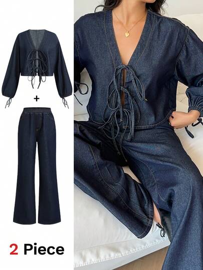 CovetEZ Damset med snörningstopp och jeansbyxor för casual pendling