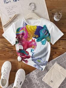 SHEIN Trolls Young Girl Casual Cartoon & Letter Graphic Round Neck Short Sleeve T-Shirt, Summer - أبيض - مشاهدة 7