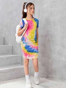 SHEIN Girls Tie Dye Ruched Side Dress - Multicolor - View 3