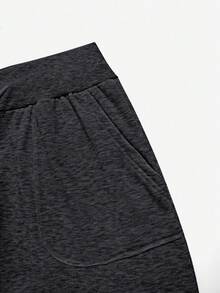 INAWLY Bộ 2 món áo nỉ ngắn tay cổ tròn màu trơn và quần nỉ ống đứng lưng thun co giãn dành cho nữ - Màu xám đen - Xem 5