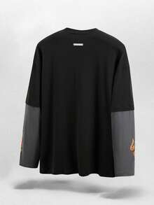 NEON BLANC Men's Graphic T-Shirt With Patchwork Design, 2 In 1 Style, Long-Sleeved, Street Fashion, Crew Neck Long-Sleeved Top - Multicolor - View 2