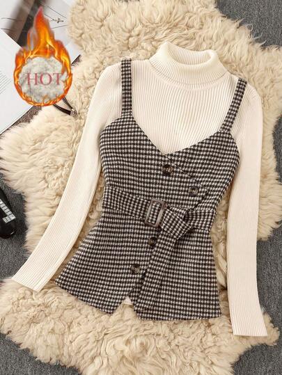 GlowEve CURVE 大码女士千鸟格印花裹身搭扣吊带背心，适合工作/通勤穿着