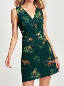 CAJUNI Gonna corta casual da donna per vacanze, con stampa tropicale di leopardo verde scuro e foglie di ananas, adatta per appuntamenti, vacanze, feste, festival musicali, inizio della stagione scolastica - Verde Scuro - Visualizzare 10