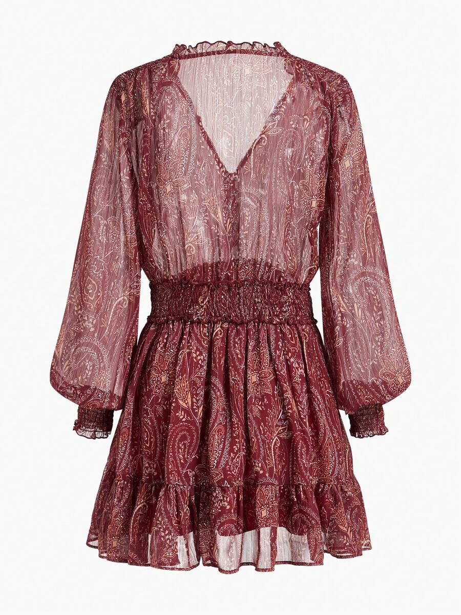 MOTF STUDIO PAISLEY PRINT SHEER RUFFLE HEM SHORT DRESS - Multicolor - View 2