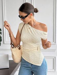 Serisse Women's Solid Color Asymmetric Hem Ruched Shoulder Fitted Fashion Blouse,Metal Buckle Pleated Waist Design,French Elegant Short-Sleeved Top, Elegant Slim-Fit Bubble Embellishment Design, Slimming Asymmetrical Shoulder Blouse, Cap Sleeve Top, Vacation,Holiday, Summer, Spring To Summer - Apricot - View 6