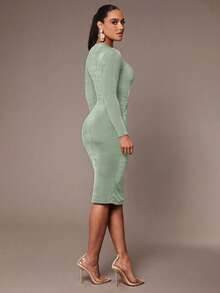 Silquee 女士优雅派对弹力双层面料高品质卡其色扭结设计秋冬长袖圆领连衣裙，适合日常通勤，可内可外穿，感恩节、圣诞节、新年等场合的理想之选。 - 薄荷綠 - 查看 2