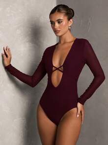 SHEIN BAE 女士纯色深V领网纱拼接长袖性感连体衣 - 紫紅色 - 查看 5