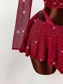 Amplova 2pcs/Set Sequin Detail Sexy Tight Fit Long Sleeve Crop Top & Tight Fit Inverted V Mini Skirt Sexy Two Piece Club Outfit Club Two Piece Set Sparkly Two Piece Set Mesh Two Piece Set Red Two Piece Set Vacation Outfits Women Y2K Valentine's Day - Burgundy - View 6