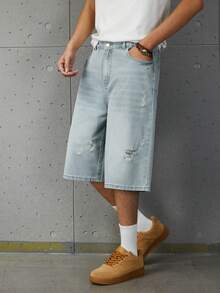 Teen Boys Wide Leg Denim Shorts, Vintage Light Blue Denim Single Piece, Spring/Summer New Arrival, Streetwear Campus Style, Outdoor Casual Fashion, Washed Comfortable Cotton Fabric, Versatile Minimalist Fashion Design, Distressed Ripped Loose Fit, Elastic Waistband, Campus Daily Party Outfit, Wardrobe Essential, Vacation Travel School Commute, New Arrival - Light Wash - View 9