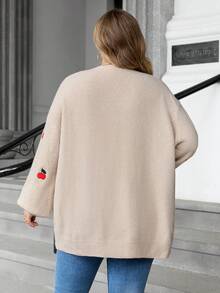 SHEIN CURVE+ 大码女式棕色蝴蝶结领开襟针织衫，舒适百搭，适合日常穿着、通勤，秋冬季/2026/新年款 - 棕色 - 查看 2
