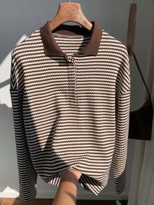 Comfortcana 女士条纹落肩长袖休闲宽松Polo领T恤 女士Polo衫 条纹Polo衫 - 彩色 - 查看 4
