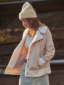 WESTFADE White,Winter,90s Retro,Casual,Occasion Gingham Flannel & Faux Teddy Sherpa Notch Collar Button Front Jacket,Boho,Western,Holiday,Nashville Cowgirl - Multicolor - View 2