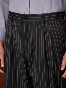 Officeau 男士条纹印花阔腿裤，配腰带，适合秋冬春夏穿着 - 黑色 - 查看 6