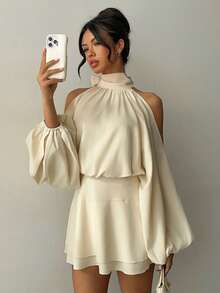 Aloruh Women's New Apricot Solid Color Mini Dress, Long Sleeve, Lantern Sleeve Design, A-Line Dress, Party Dress, Date Dress, Afternoon Tea Dress, Autumn/Winter New Year's Outfit For Women,Spring Outfit Women - Apricot - View 3