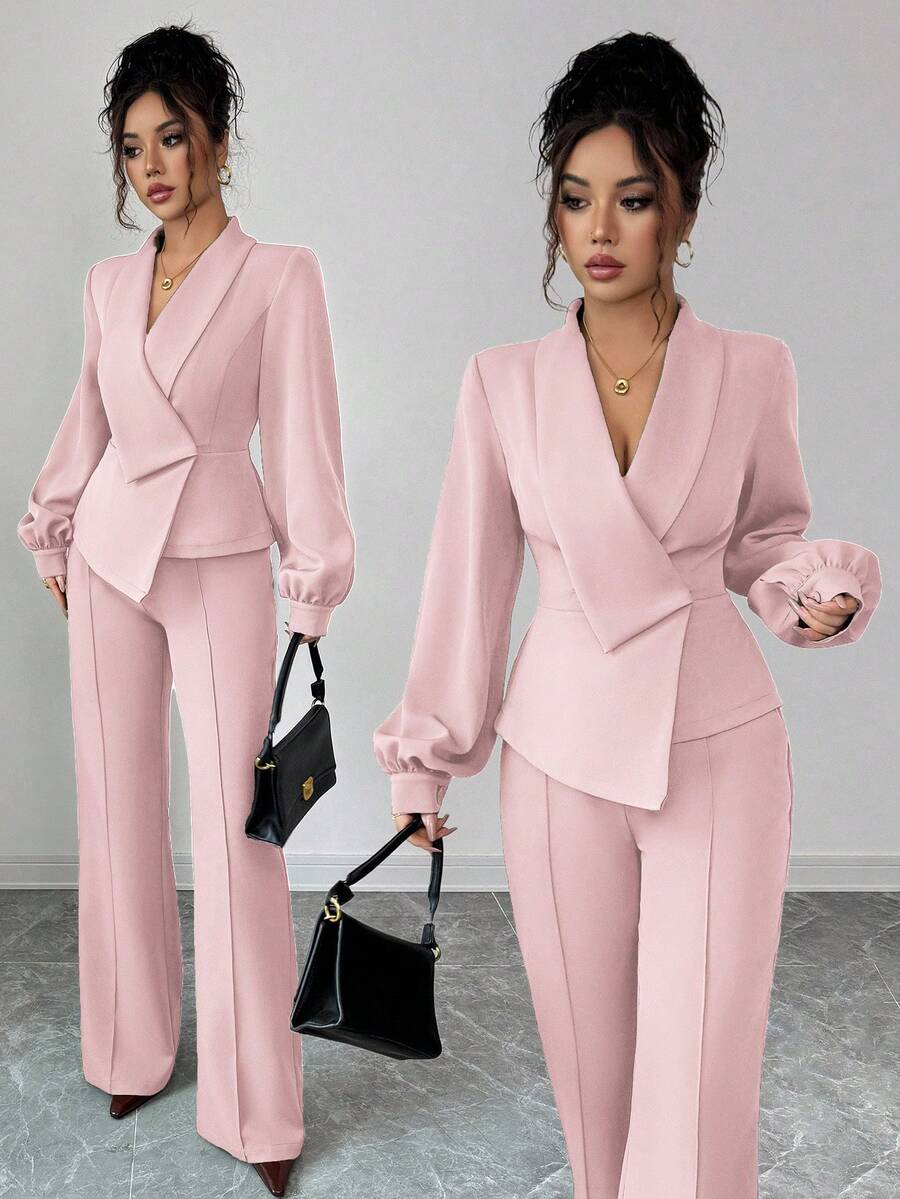 Elenzga Ensemble femme élégant et décontracté pour le travail, les vacances, le thé de l'après-midi. Comprend un blazer asymétrique à col croisé avec manches lanternes et un pantalon évasé à taille élastique. Convient pour le printemps, l'automne et l'hiver. - Rose pâle - Voir 1