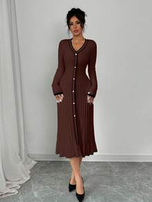 Selianne Váy len dáng đuôi cá cổ chữ V phối viền tương phản thanh lịch dành cho nữ, phù hợp để đi làm và đi chơi, mùa thu/đông - Cà phê nâu - Xem 5