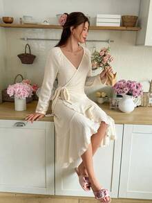 Snug Reverie Asymmetrical Ruffle Hem Drawstring Bow Tie Waist Long Sleeve Women Loungewear Dress