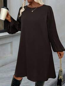 EMERY ROSE Sukienka plus size w jednolitym kolorze, uniwersalna, z okrągłym dekoltem i długim rękawem - Brązowy - Zobacz 5