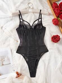 SHEIN Romantic Lace Underwire Sexy Bodysuit, Rave - Black - View 2
