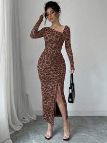 Rafferiza Women's Elegant Asymmetrical Neck Cinched Waist Ruched Long Sleeve Dress With Leopard Print Mesh Maxi Women Outfit Bodycon Long Dressslit Dressleopard Print Dress