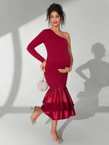 Cheriluna Maternity Maternity Photoshoot Dress, One-Shoulder Long Sleeve Fitted Dress With Ruffle Hem And Double Layer Design - Burgundy - View 3
