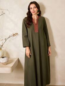 SHEIN Najma Váy Maxi Thổ Nhĩ Kỳ rộng rãi cổ chữ V tay raglan dành cho nữ, phong cách truyền thống Ả Rập - màu xanh lá - Xem 4